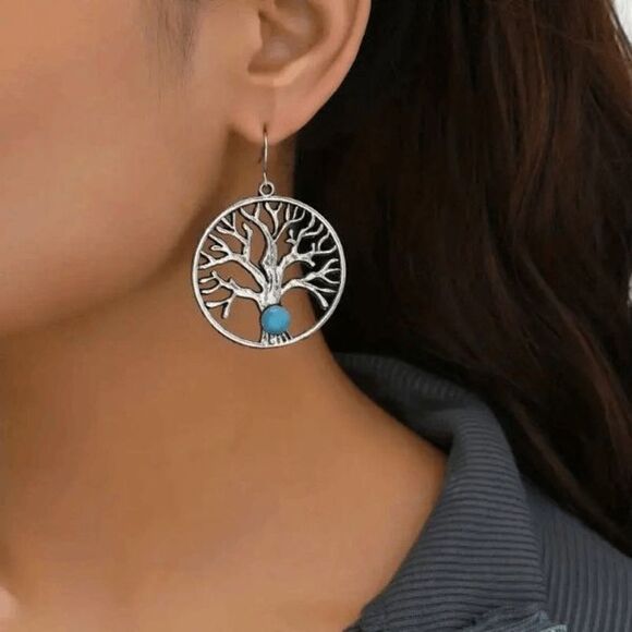 Boho Silver Tree Of Life Inlaid Turquoise Dangle Earrings - Picture 4 of 5